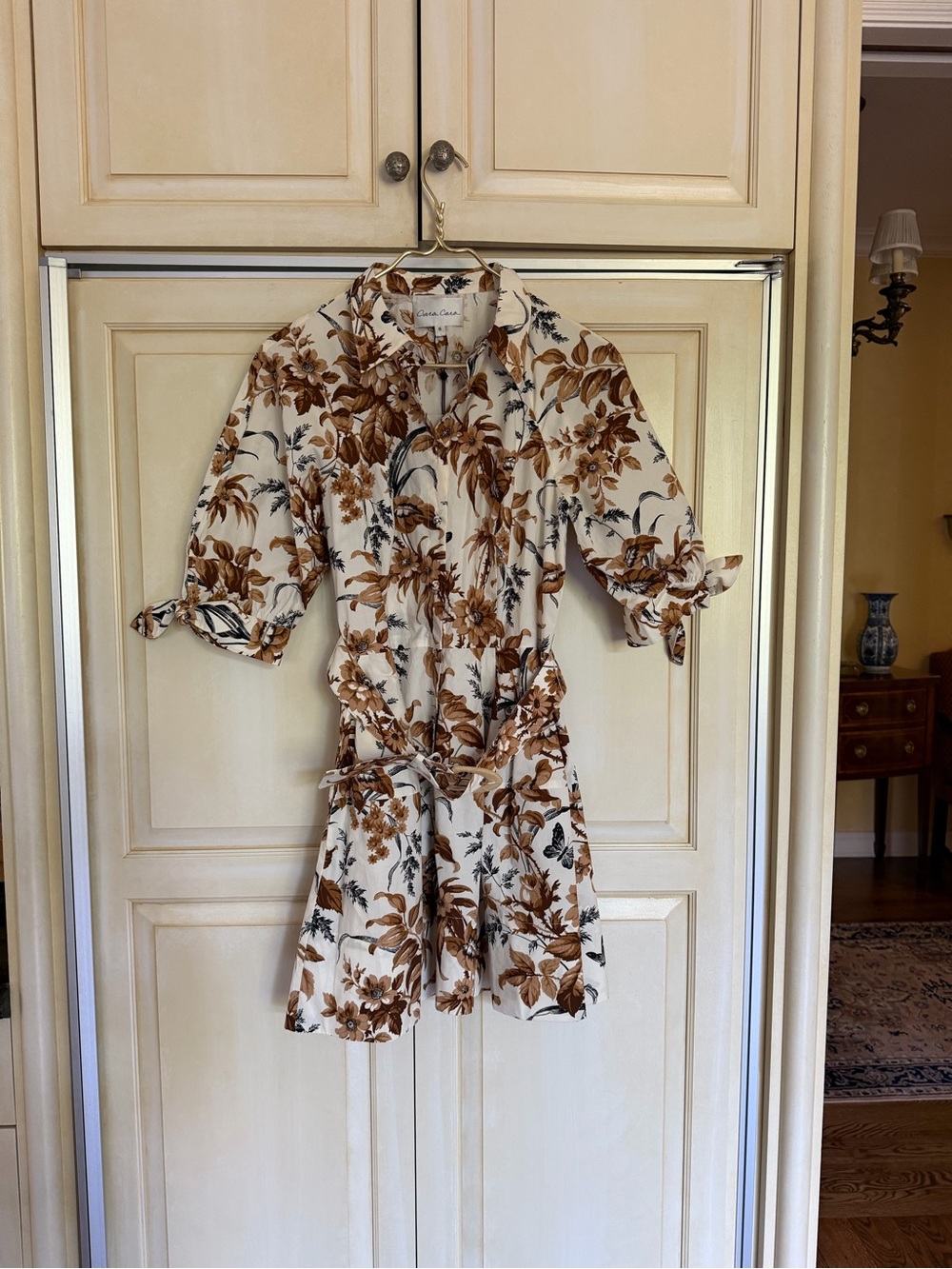 Chic Cara Cara Cream Floral Dress with Brown and Navy Print